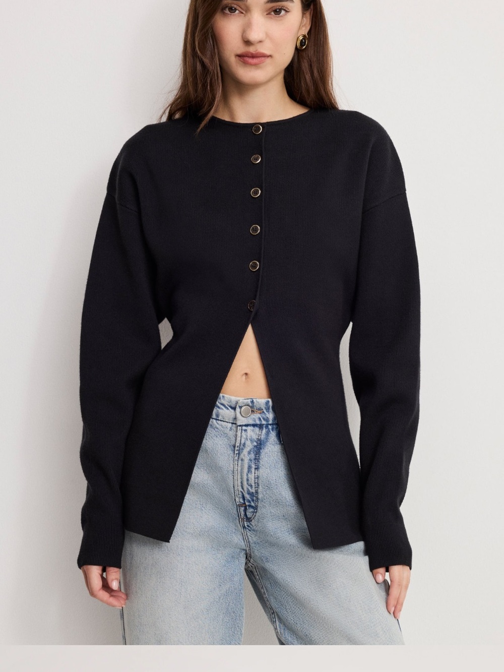 Good American Black Knit Button-Front sweater cardigan top